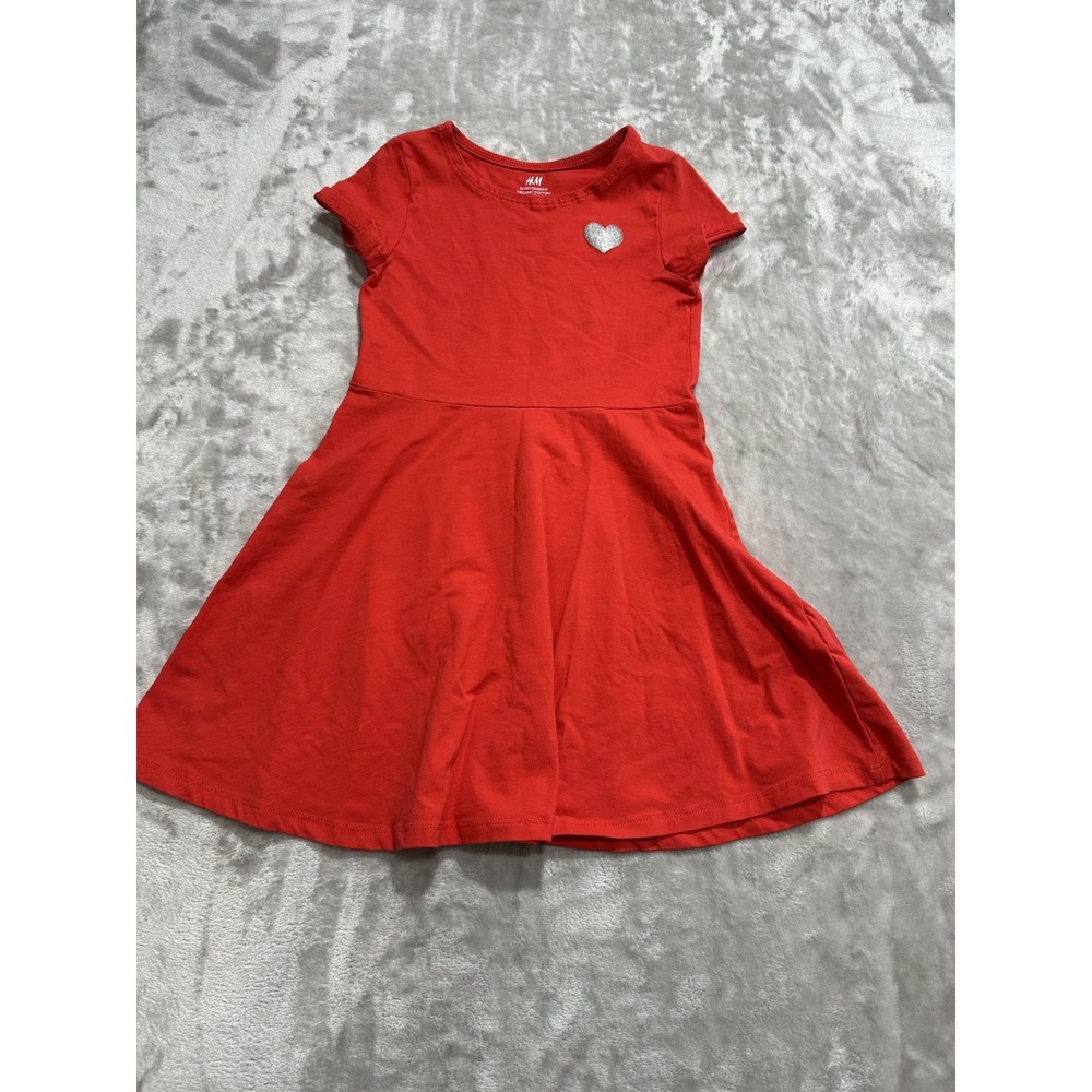 H&M Basic Dress Girls Size 4-6 Red Short Sleeve SIlver Heart Flare EUC